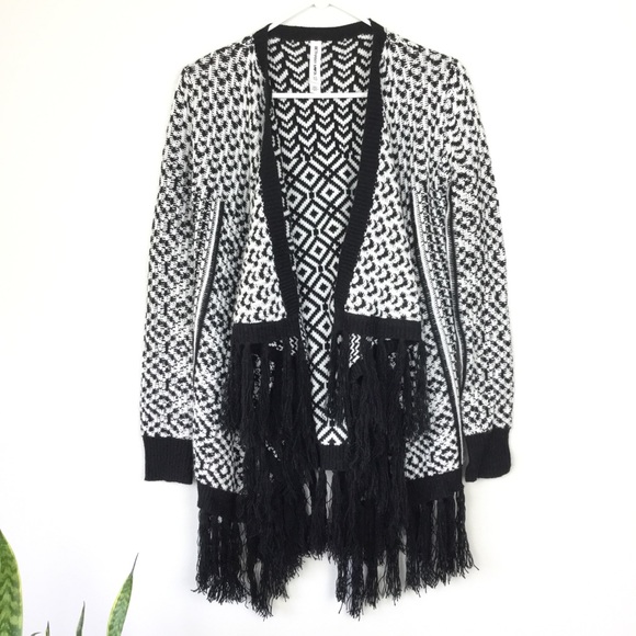 Bethany Mota Sweaters - Black and white chunky knit wrap fringe cardigan